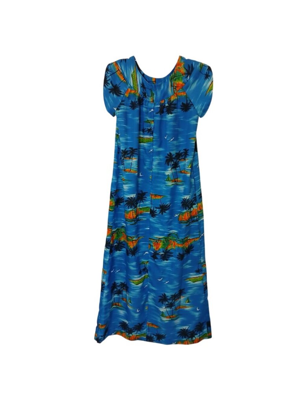 VTG Pacific Isle Creations Hawaiian Sz 8 Maxi Dress Blue W/ Tropical Island #C-4 - Picture 2 of 7